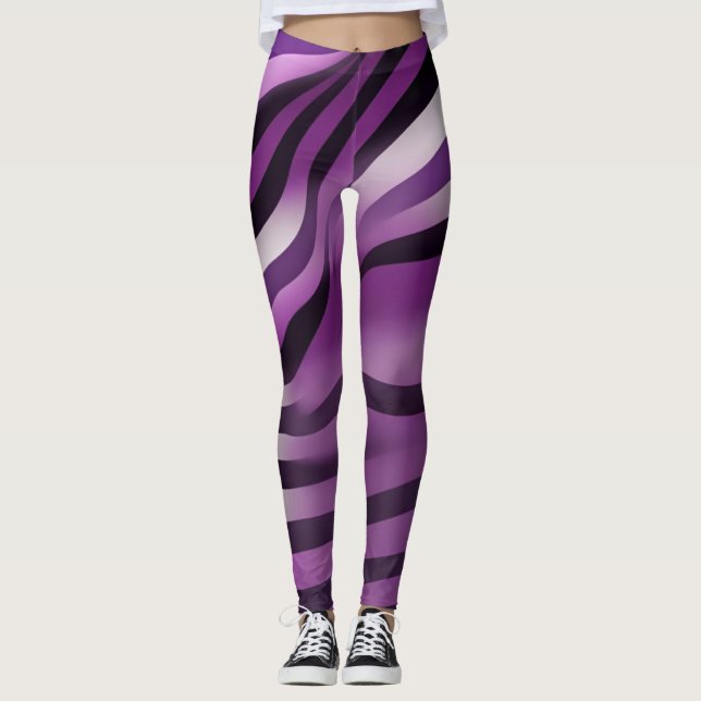 Lila und schwarze Zebra Streifen Abstrakte Kunst Leggings (Vorderseite)