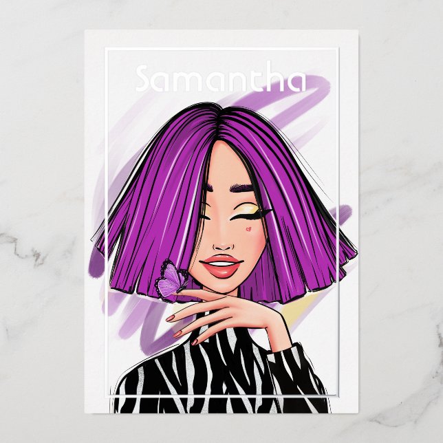 Lila und schwarze Zebrastreifen Geburtstagsparty Folieneinladung (Vorderseite)