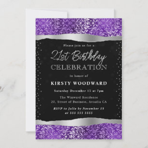 Lila und schwarzer Damast Glitter 21. Geburtstag Einladung