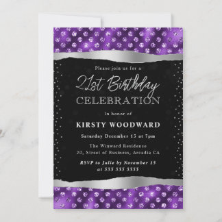 Lila und schwarzer Glitzer Dots 21. Geburtstag Einladung