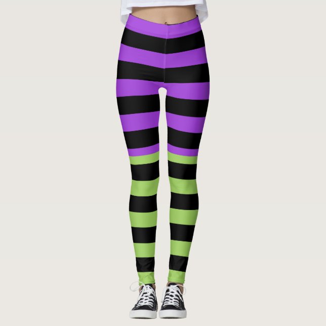 Lila- und schwarzer Halloween-Streifen Leggings (Vorderseite)