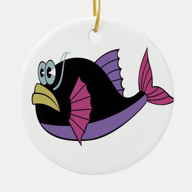 Lila und schwarzer Pufffisch Keramik Ornament (Vorne)