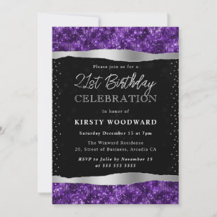 Lila und schwarzer Schimmer Glitter 21. Geburtstag Einladung