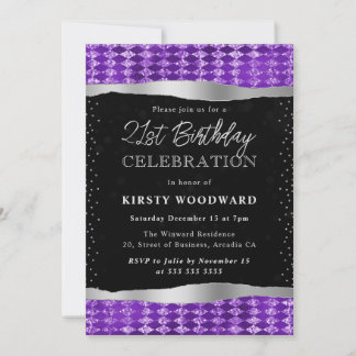 Lila und schwarzer Shimmer Glitzer 21. Geburtstag Einladung