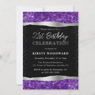 Lila und schwarzer Shimmer Glitzer 21. Geburtstag Einladung
