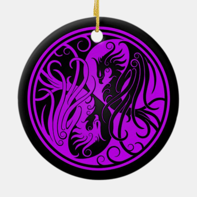 Lila und schwarzer Yin Yang Phoenix Keramikornament (Hinten)