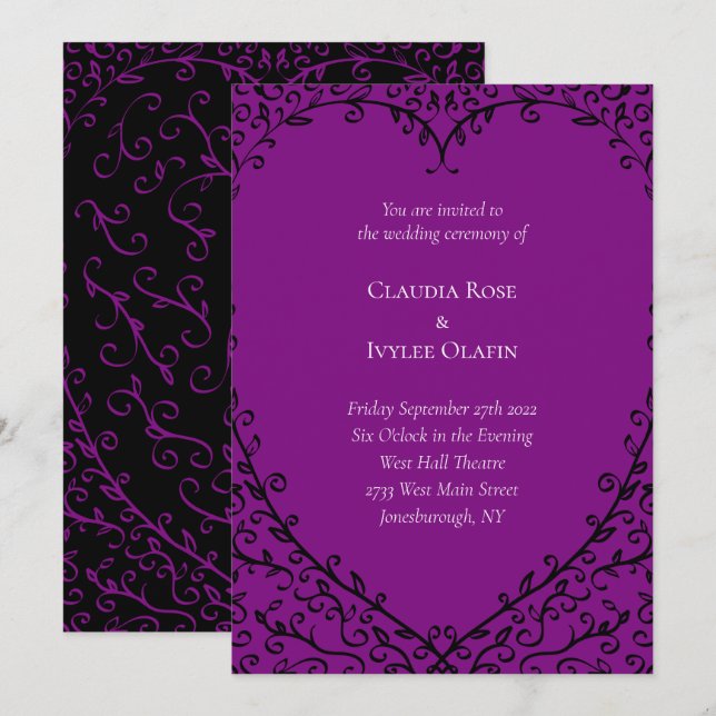 Lila und schwarzes Herz Gotische Hochzeitseinladun Einladung (Vorne/Hinten)