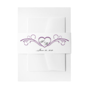 Lila und Silber Herz-Schriftrolle Monogramm Einladungsbanderole