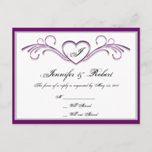 Lila und Silber Herz Schriftrolle Monogramm RSVP Einladungspostkarte