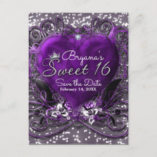 Lila und Silber Herz Sweet 16 Save-the-Date-Party Ankündigungspostkarte