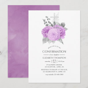 Lila und Silber Vintage-Rosen-Firmung Einladung