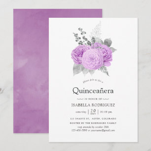 Lila und Silber Vintage-Rosen-Quinceañera Einladung