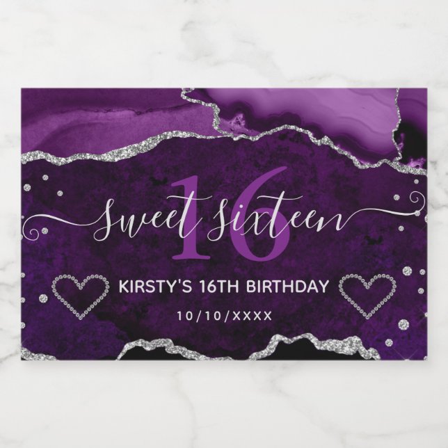Lila und silberer Glitzer Agate Marble Sweet 16 (Einzelnes Label)