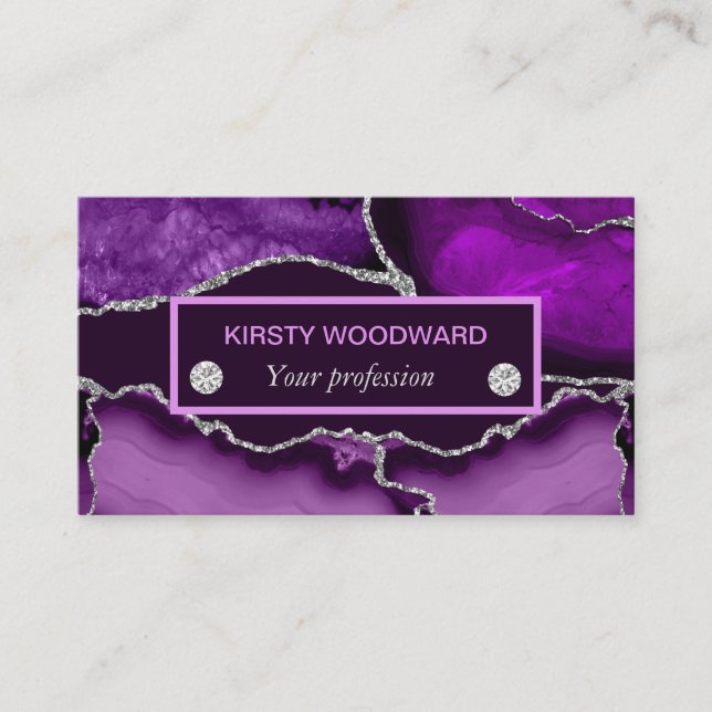 Lila und silberer Glitzer Agate Visitenkarte (Vorderseite)