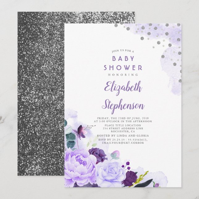 Lila und silberer Glitzer Blumenkinderdusche Einladung (Vorne/Hinten)