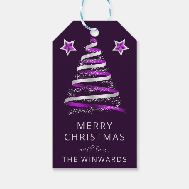 Lila und silberer Ribbon & Glitzer Weihnachtsbaum Geschenkanhänger (Vorderseite)