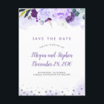 Lila und silberes Floral-Elegant Save the Date Ankündigungspostkarte<br><div class="desc">Lila Aquarelltöne und Glitzer-Konfetti-Punkte Save the Date Postkarten</div>
