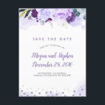 Lila und silberes Floral-Elegant Save the Date Ankündigungspostkarte<br><div class="desc">Lila Aquarelltöne und Glitzer-Konfetti-Punkte Save the Date Postkarten</div>