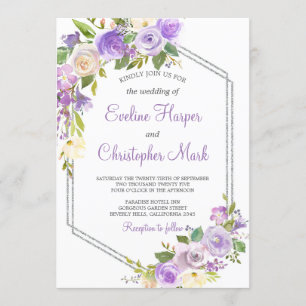 Lila und silberfarbene Blütenhochzeit Einladung