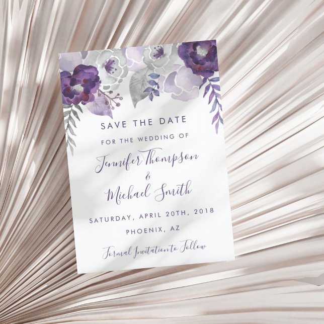 Lila und silberfarbene Flora Save the Date (Purple and Silver Watercolor Floral Save the Date)