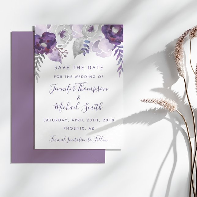 Lila und silberfarbene Flora Save the Date (Purple and Silver Watercolor Floral Save the Date)