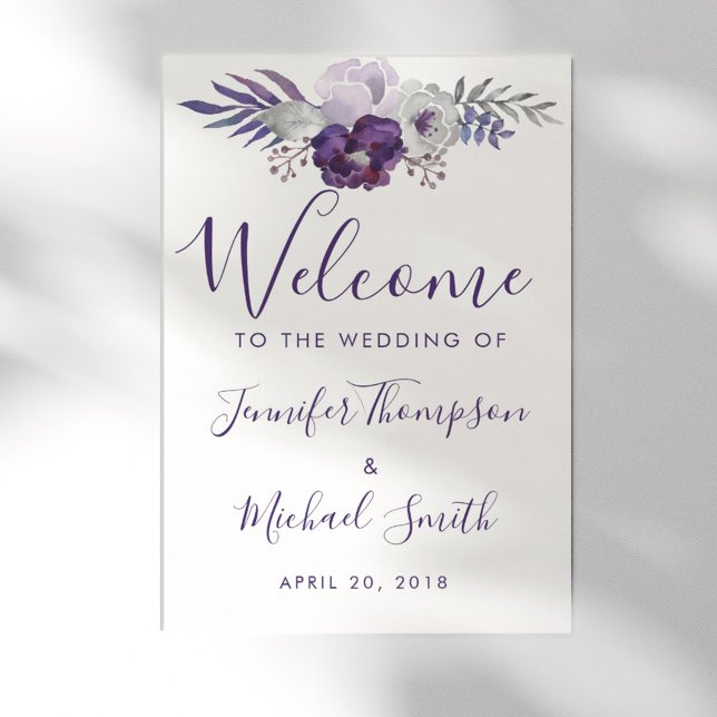 Lila und silberfarbene Hochzeit Poster (Purple and Silver Watercolor Floral Wedding Poster)