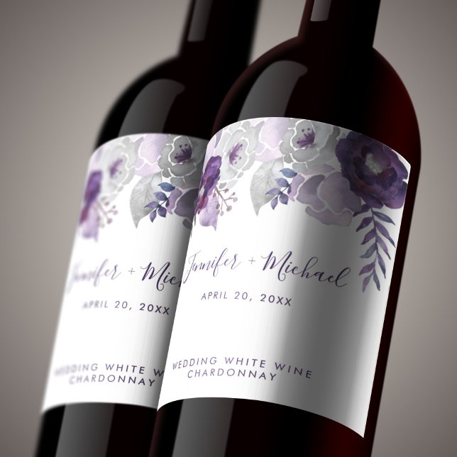Lila und silberfarbene Hochzeit Weinetikett (Purple and Silver Watercolor Floral Wedding Wine Label)