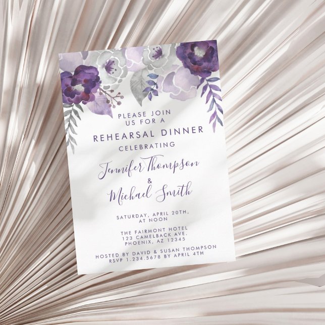 Lila und silberfarbenes Abendessen Probe Einladung (Purple and Silver Watercolor Rehearsal Dinner Invitation)