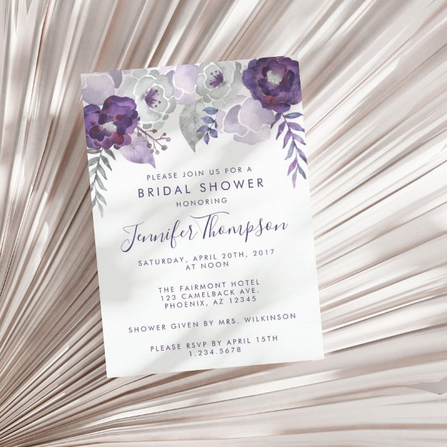 Lila und silberfarbenes Brautparty Einladung (Purple and Silver Watercolor Floral Bridal Shower Invitation)