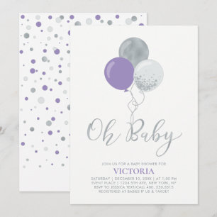 Lila und silberne Ballons Oh Baby Girl Baby Shower Einladung