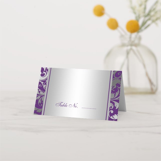 Lila und silberne Damaskus-Wirbel hochgeklappt Platzkarte (Vorderseite)