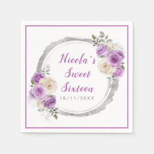 Lila und silberne elegante Blume 16 . Geburtstag Serviette