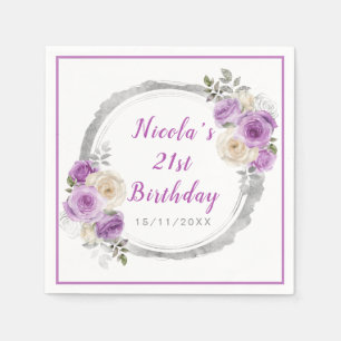 Lila und silberne elegante Blume Geburtstag Serviette