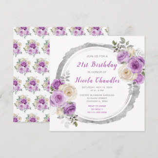 Lila und silberne elegante Blume Geburtstagsparty Einladung