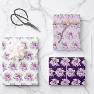 Lila und silberne elegante Blumen Geschenkpapier Set