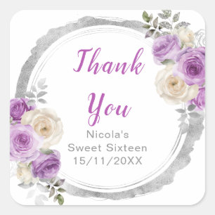 Lila und silberne elegante Blumen Sweet Sixteen Quadratischer Aufkleber