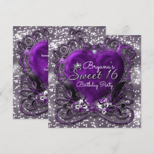 Lila und silberne Herz Glitter Sweet 16 Einladunge Einladung
