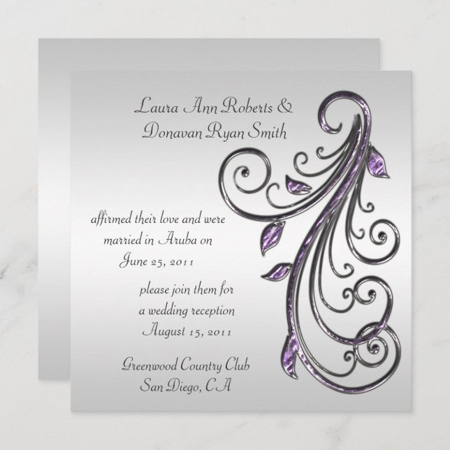 Lila und silberne Wirbel auf Silver Background Einladung (Vorne/Hinten)