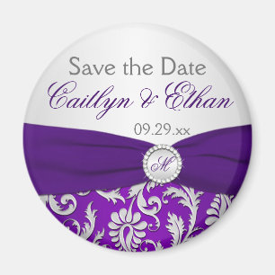 Lila und silberner Damast-Save the Date Magnet