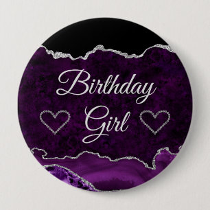 Lila und silberner Glitter-Marmor-Achat Geburtstag Button