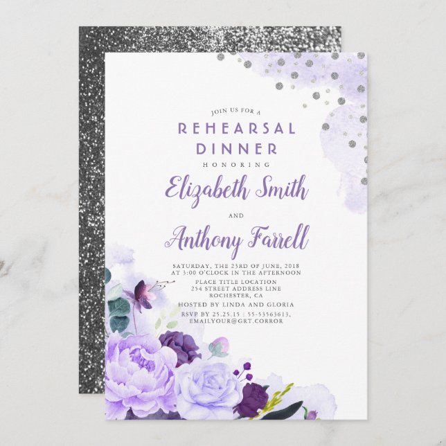 Lila und silbernes Floral Romantisches Probe Dinne Einladung (Vorne/Hinten)