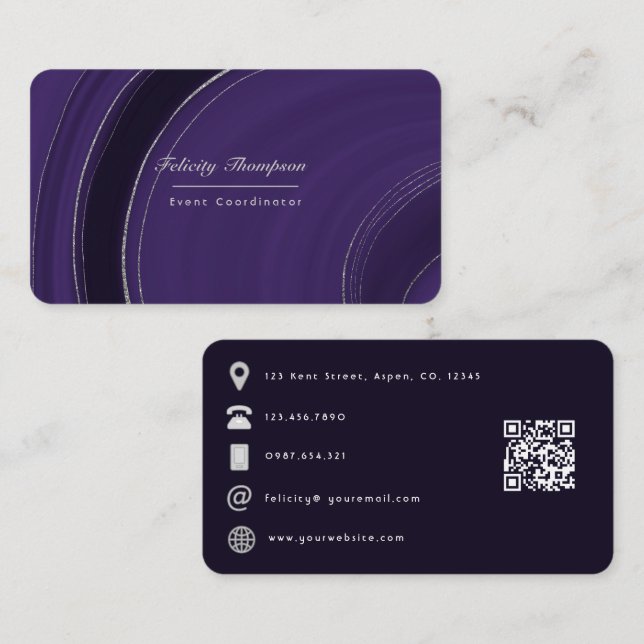 Lila und Silver Agate QR Code Business Card Visitenkarte (Vorne/Hinten)