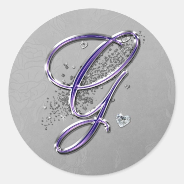 Lila und Silver Glitzer Extravagante Script Monogr Runder Aufkleber (Vorderseite)