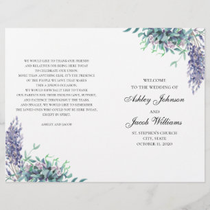 Lila und Türkis Blumen. Hochzeitsprogramm gefaltet
