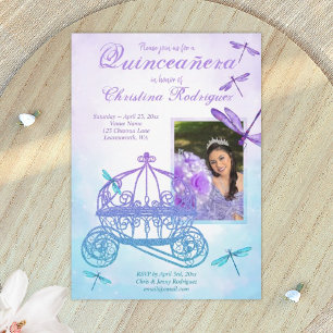 Lila und Türkis Kutsche Quinceañera Einladung