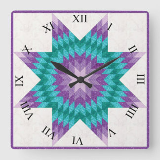 Lila und Türkis Lone Star Quilt Design Quadratische Wanduhr