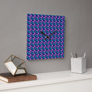 Lila und Türkis Schmetterlingsmuster Florales na Quadratische Wanduhr
