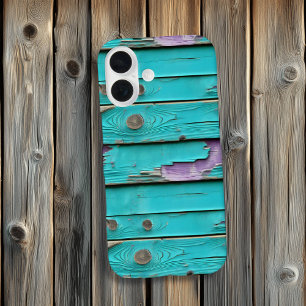 Lila und türkisfarbenes Blaues Weathered-Holz iPhone 16 Hülle