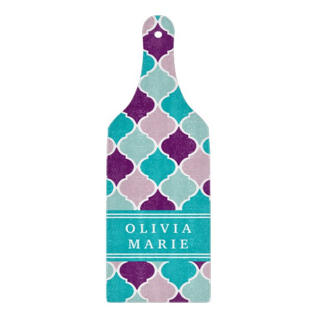 Lila und türkisfarbenes Gittermuster mit Name Schneidebrett (Vorderseite)