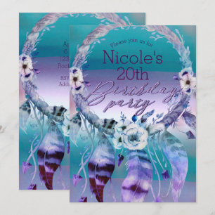 Lila und Türkisfarbenes Traumfänger-Boho-Birthday- Einladung